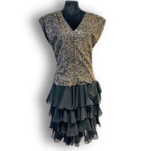 Vintage 80's metallic metallic gold drop-waist  cocktail dress flapper dress Med